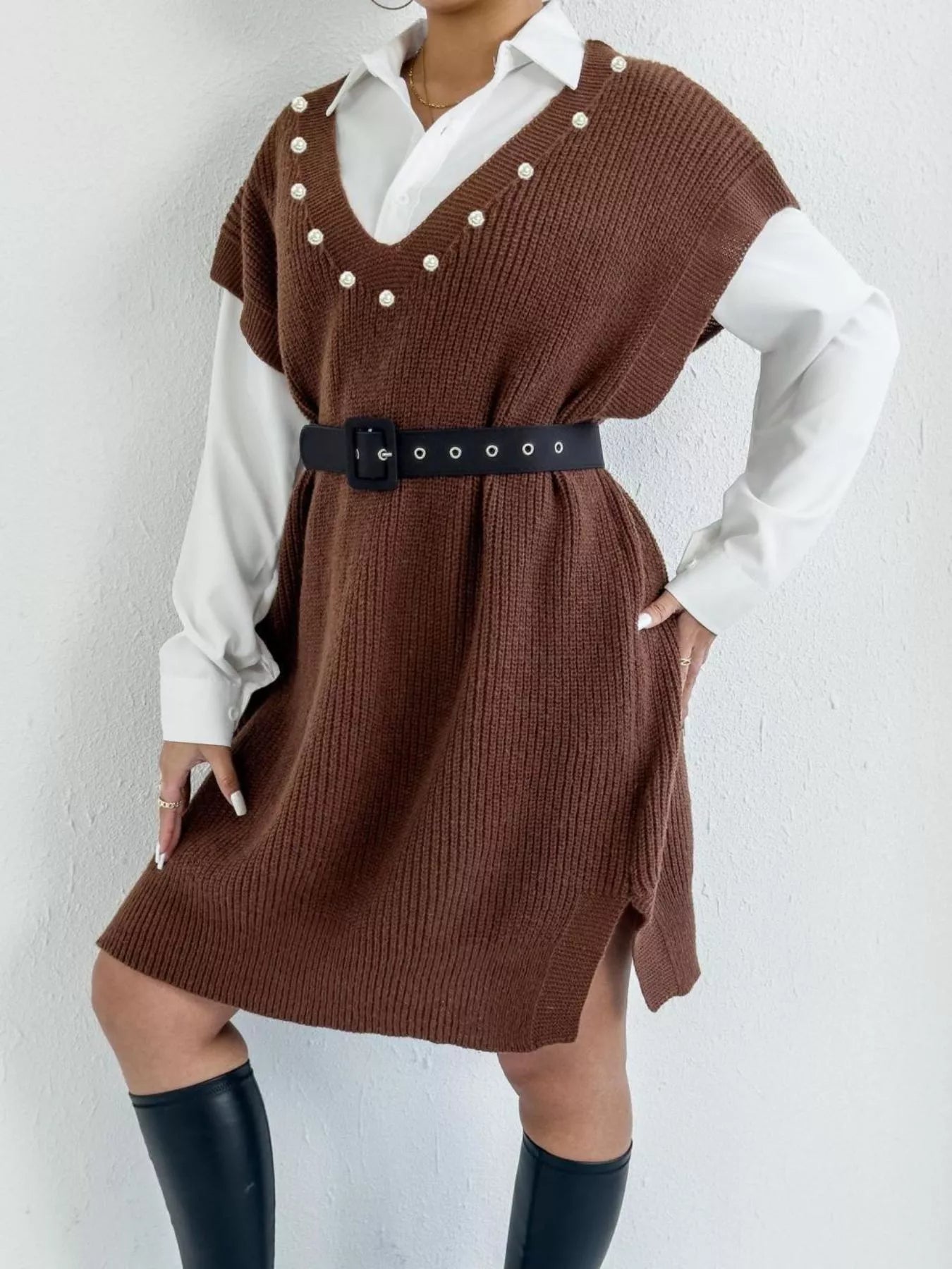 Slit V-Neck Sweater Dress.