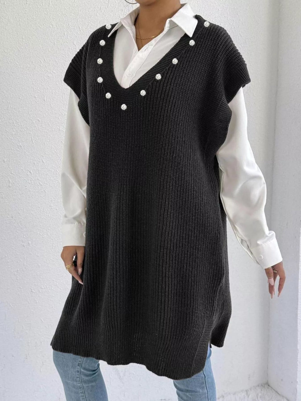 Slit V-Neck Sweater Dress.