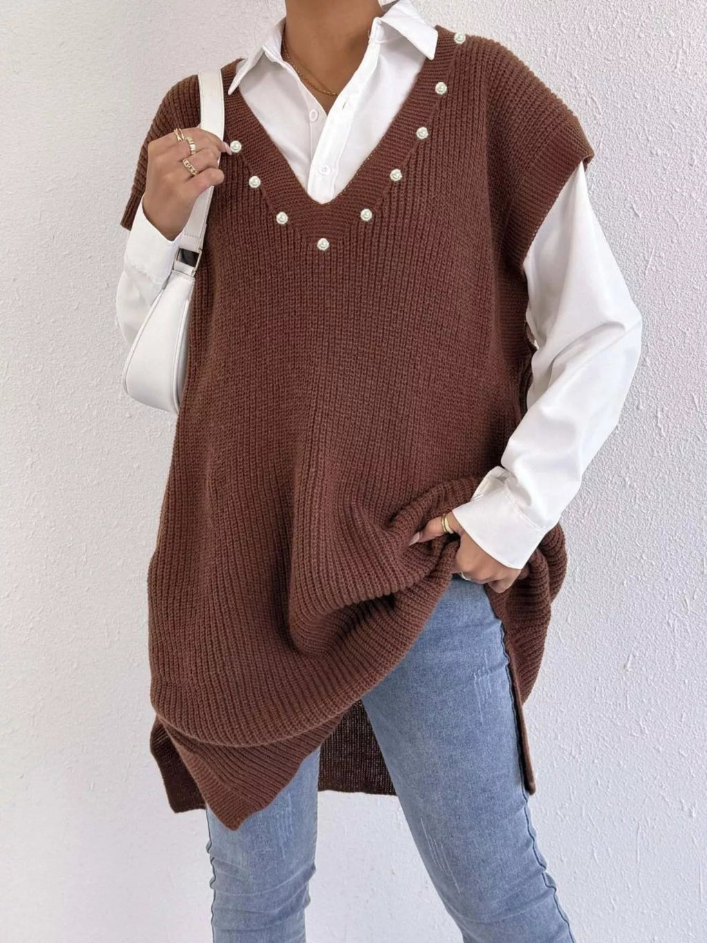 Slit V-Neck Sweater Dress.