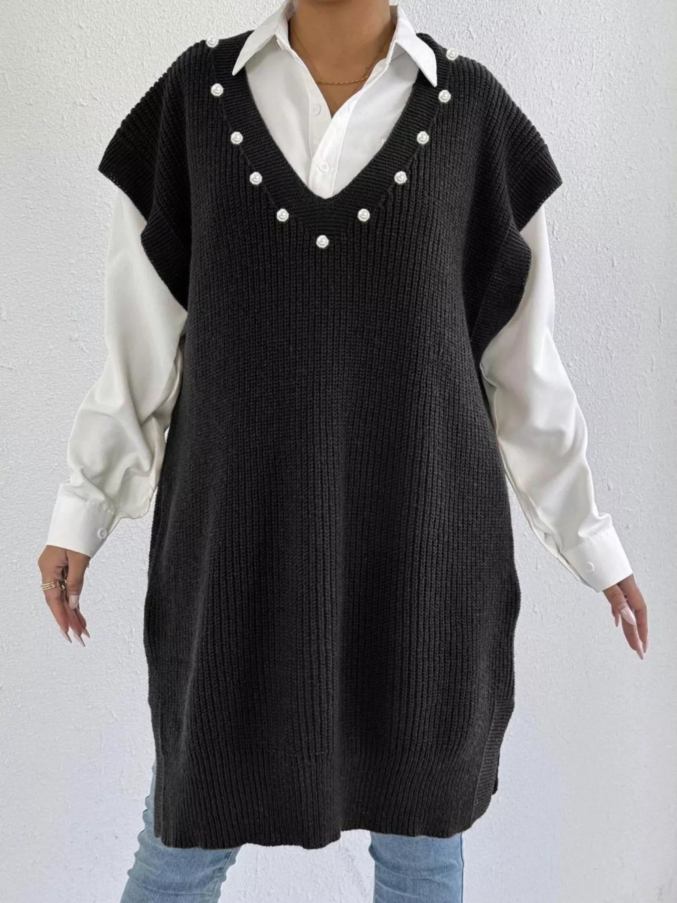 Slit V-Neck Sweater Dress.