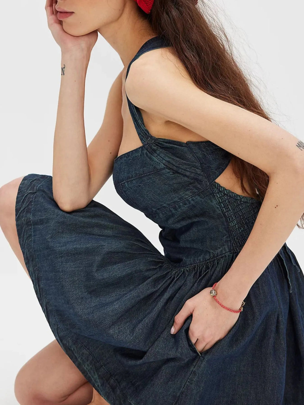 Smocked Crisscross Back Denim Mini Dress.