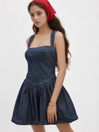 Smocked Crisscross Back Denim Mini Dress.