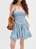Smocked Crisscross Back Denim Mini Dress.
