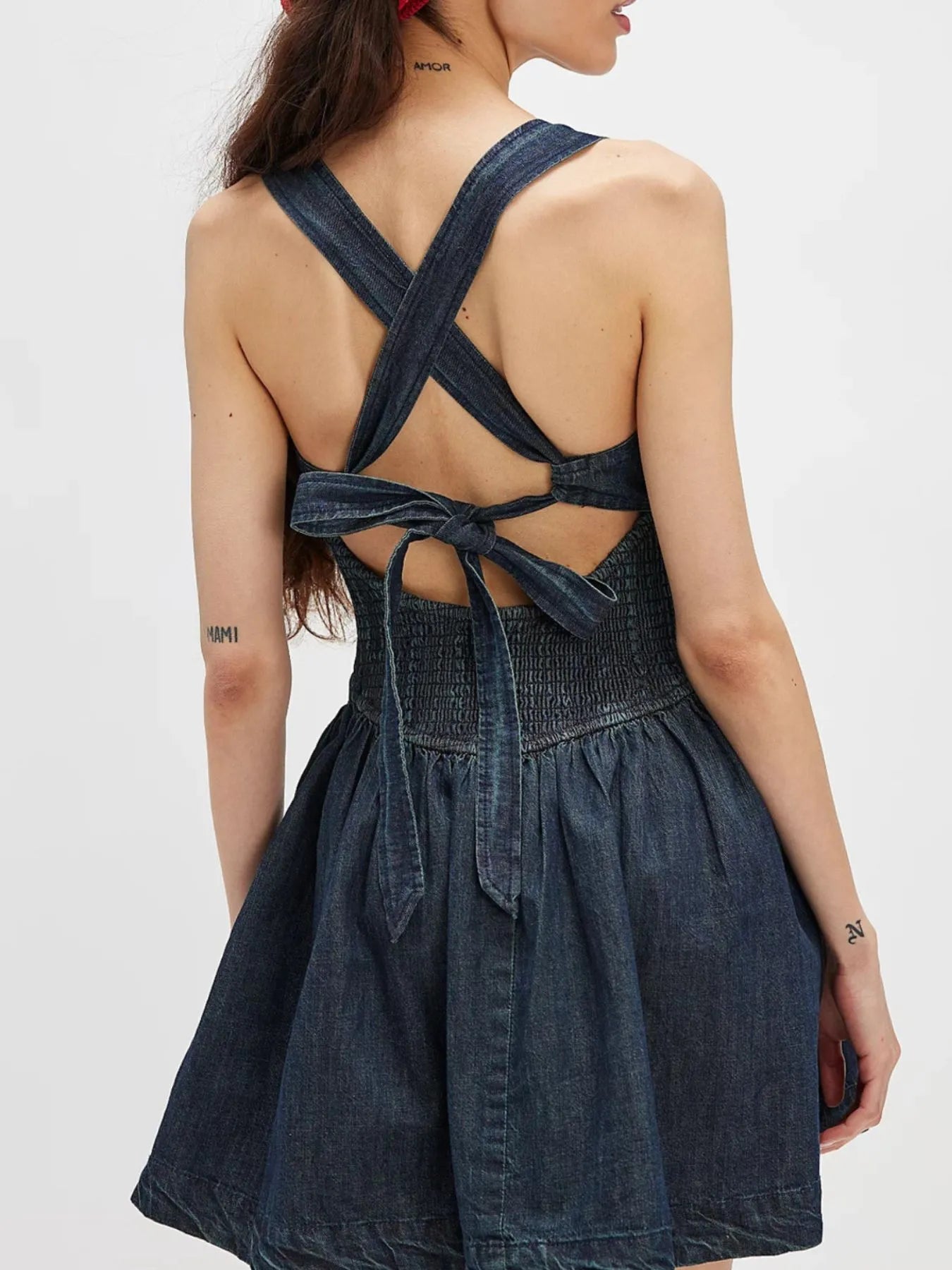 Smocked Crisscross Back Denim Mini Dress.