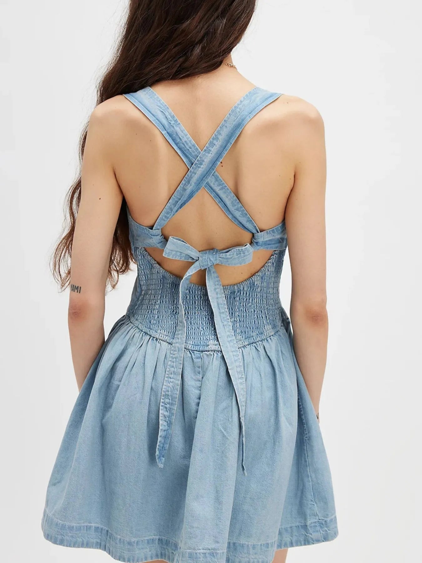 Smocked Crisscross Back Denim Mini Dress.