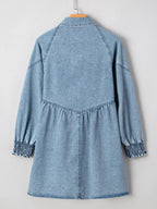 Smocked Cuffs Flared Denim Shirt Mini Dress.