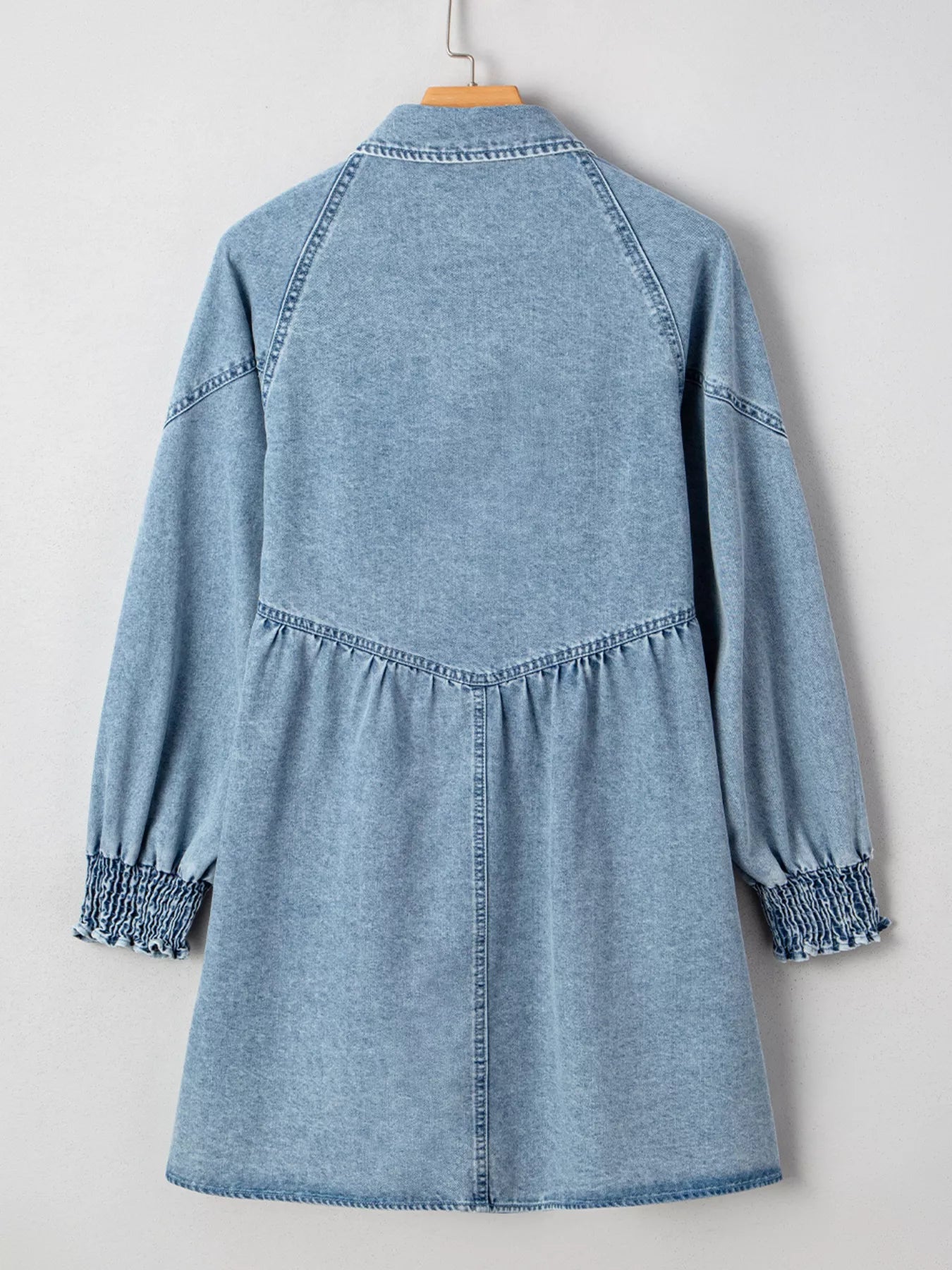 Smocked Cuffs Flared Denim Shirt Mini Dress.
