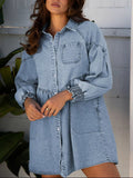 Smocked Cuffs Flared Denim Shirt Mini Dress.