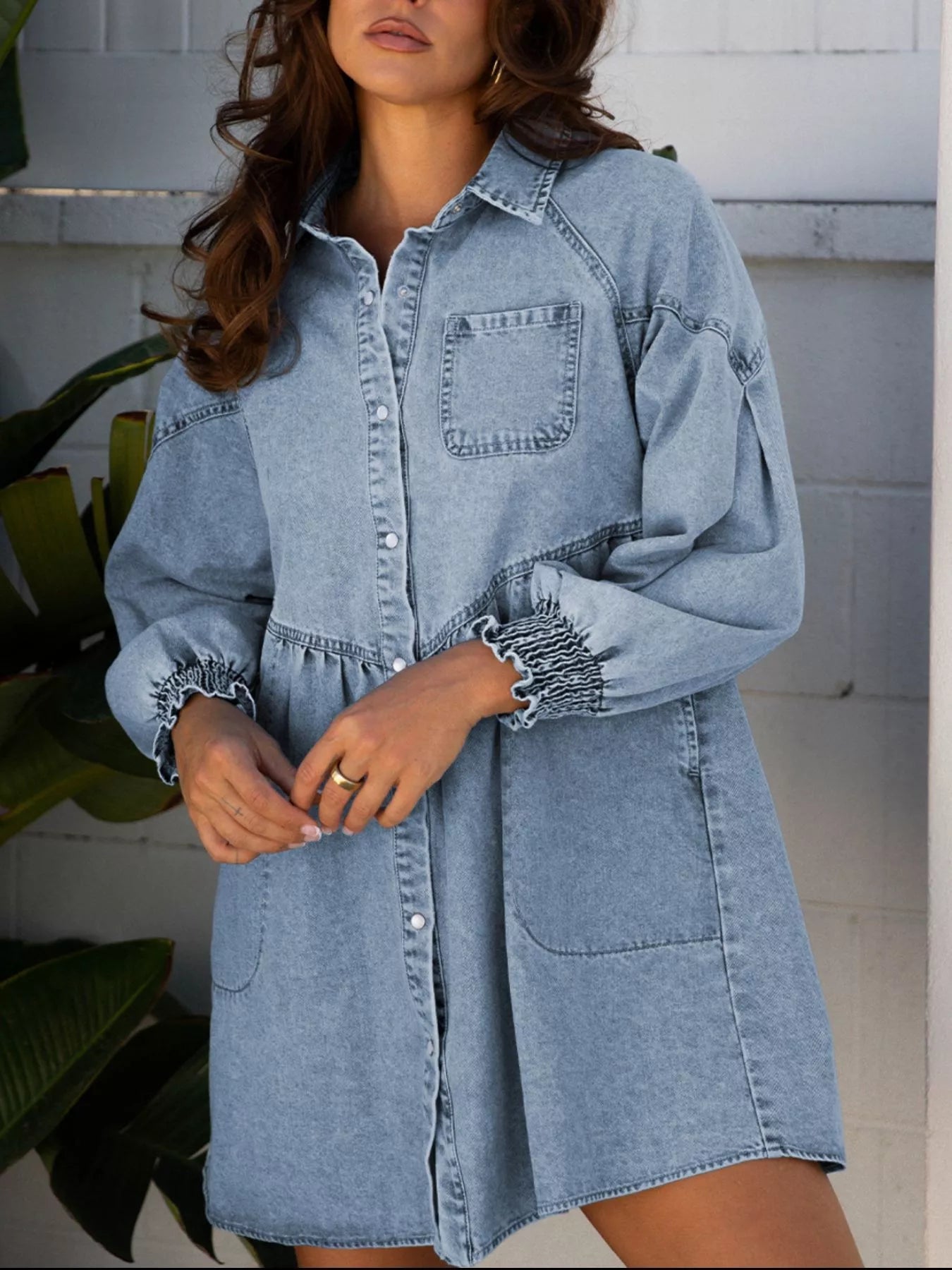 Smocked Cuffs Flared Denim Shirt Mini Dress.
