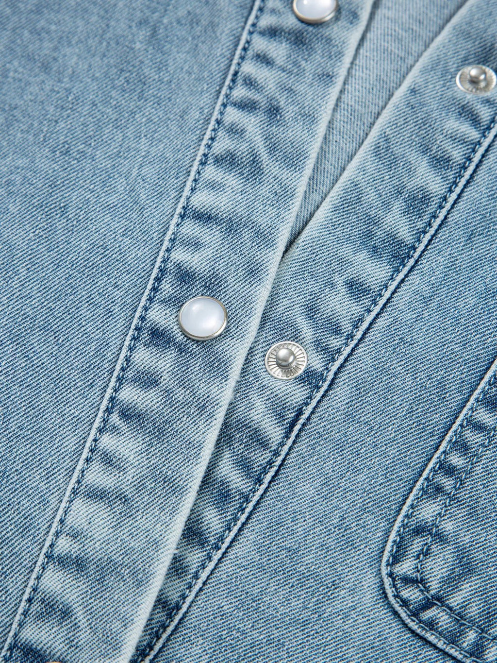 Smocked Cuffs Flared Denim Shirt Mini Dress.