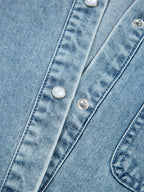 Smocked Cuffs Flared Denim Shirt Mini Dress.