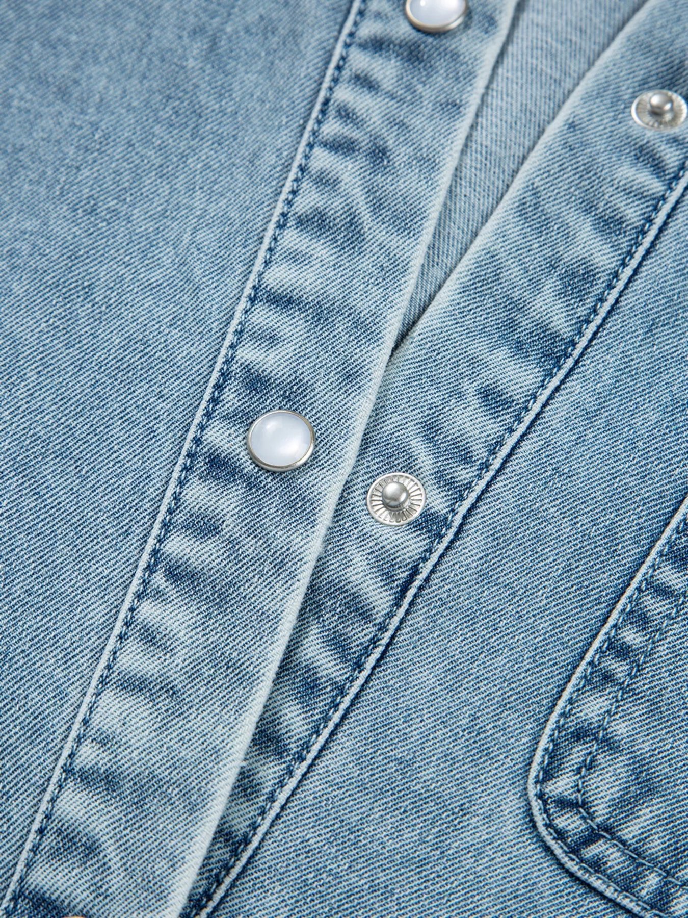 Smocked Cuffs Flared Denim Shirt Mini Dress.