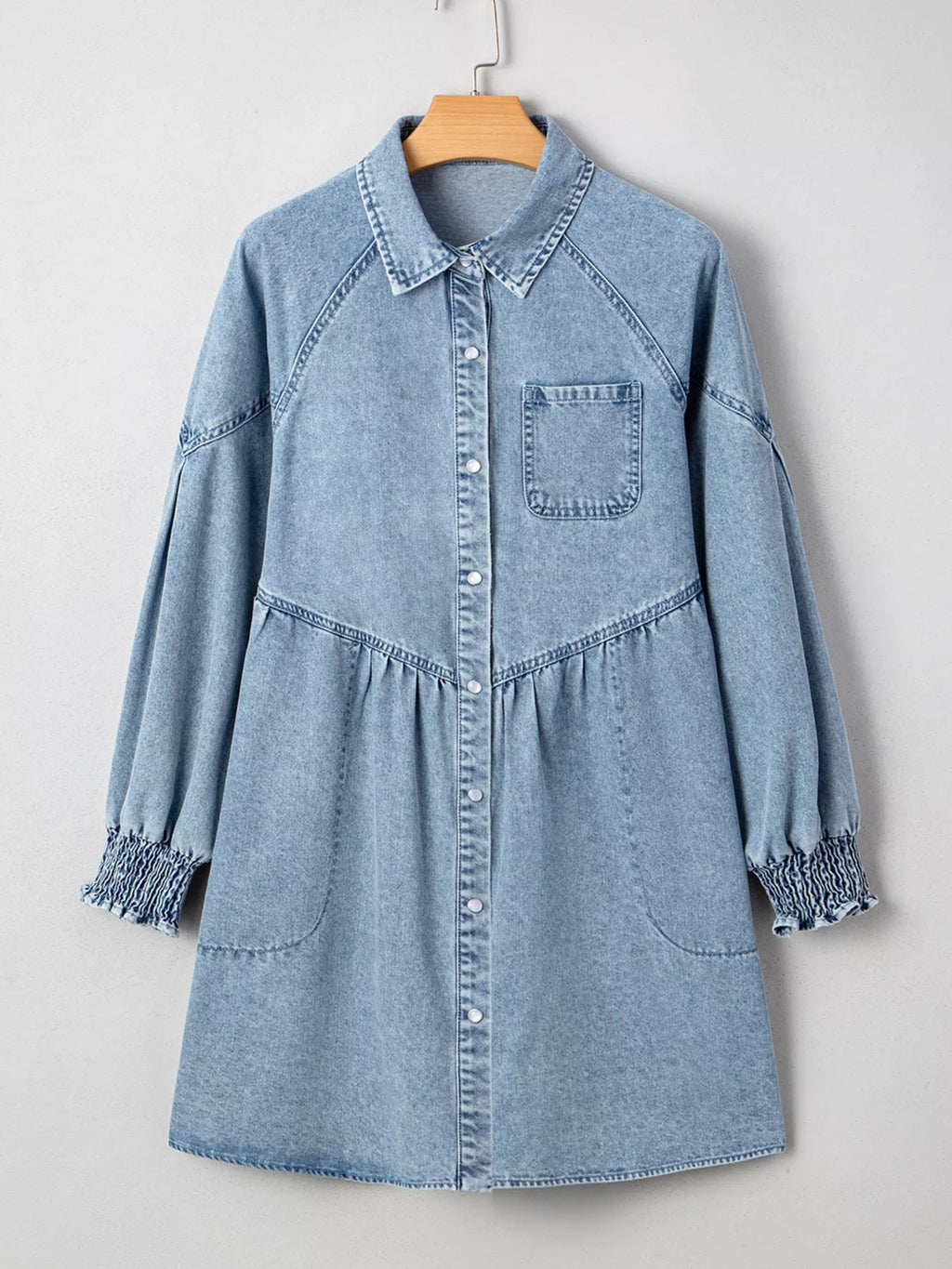 Smocked Cuffs Flared Denim Shirt Mini Dress.
