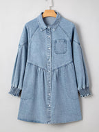 Smocked Cuffs Flared Denim Shirt Mini Dress.
