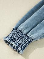 Smocked Cuffs Flared Denim Shirt Mini Dress.