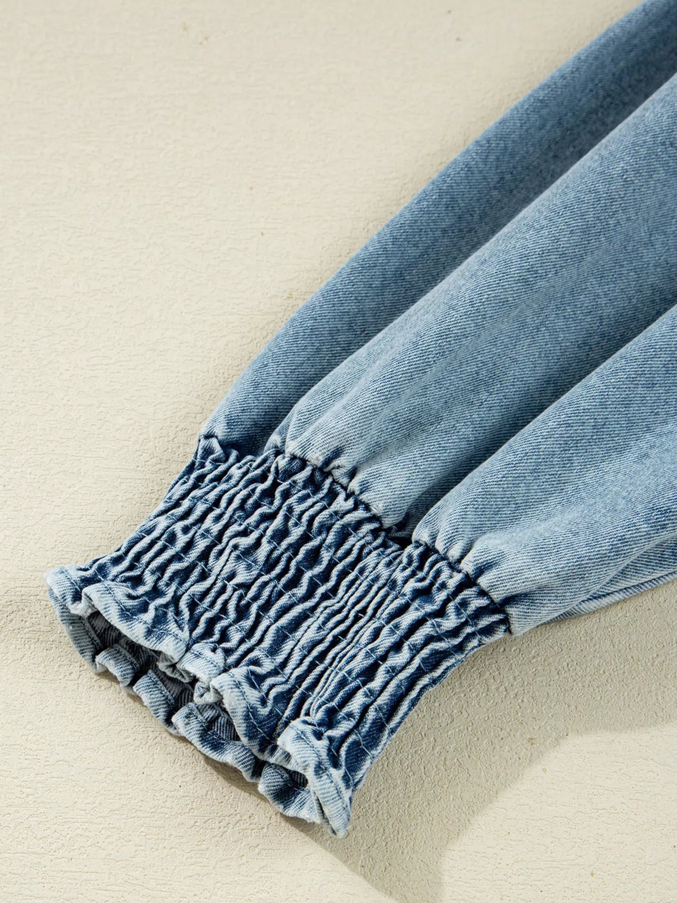 Smocked Cuffs Flared Denim Shirt Mini Dress.