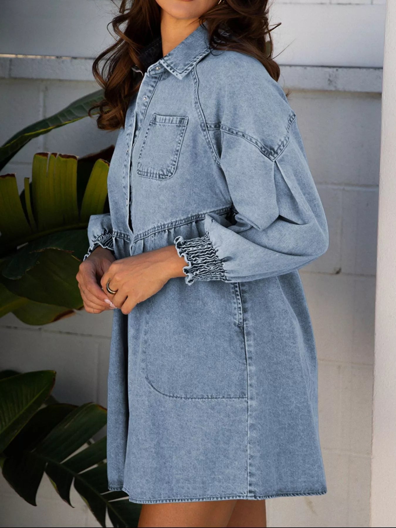 Smocked Cuffs Flared Denim Shirt Mini Dress.