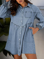 Smocked Cuffs Flared Denim Shirt Mini Dress.