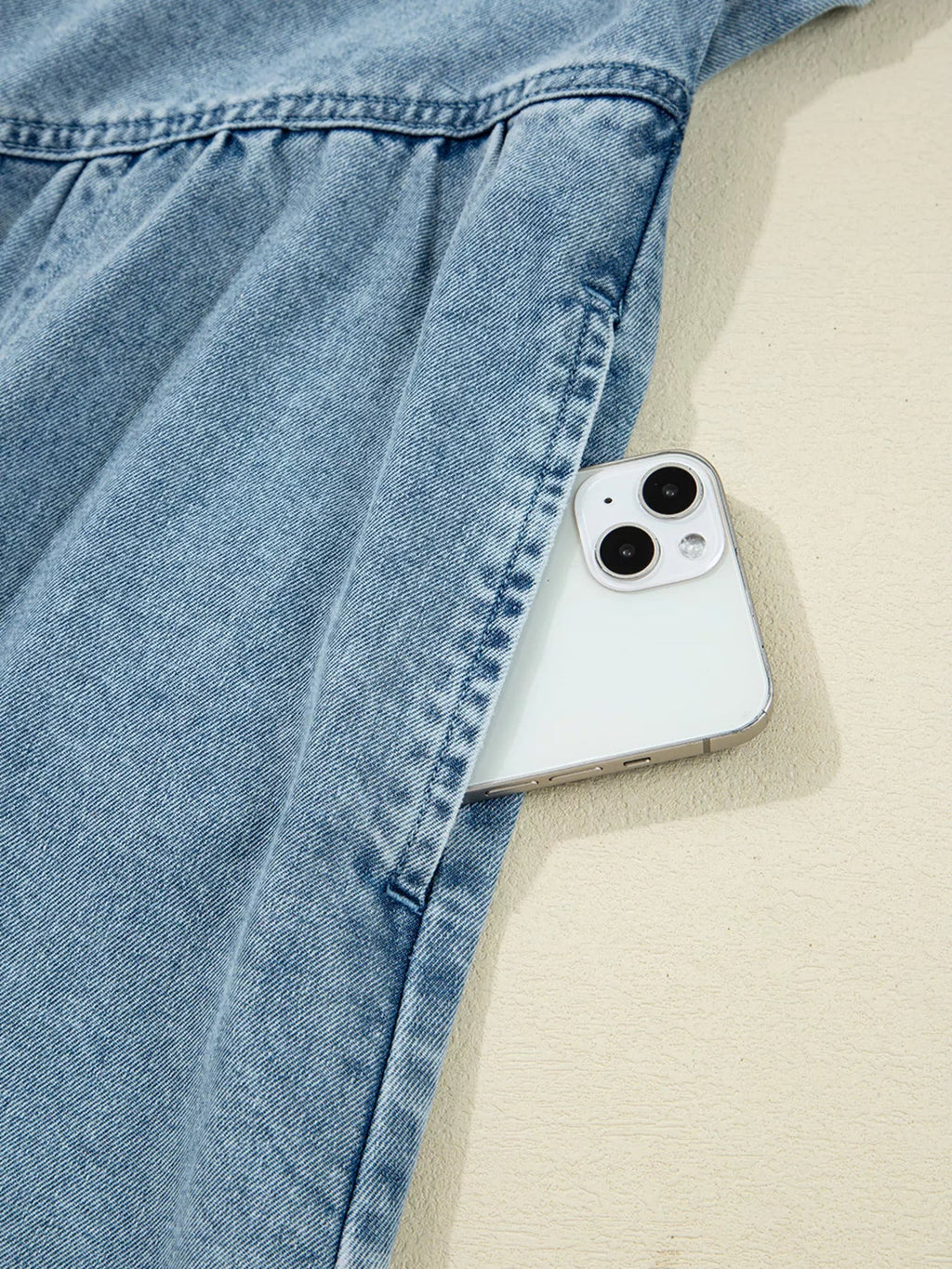 Smocked Cuffs Flared Denim Shirt Mini Dress.