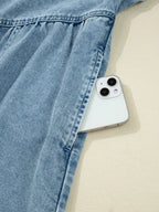 Smocked Cuffs Flared Denim Shirt Mini Dress.