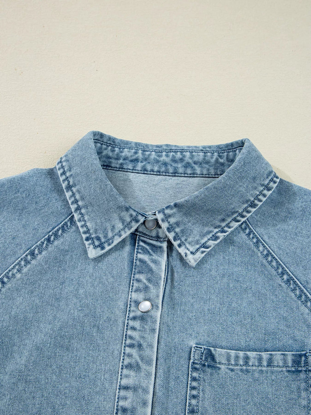 Smocked Cuffs Flared Denim Shirt Mini Dress.