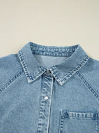 Smocked Cuffs Flared Denim Shirt Mini Dress.
