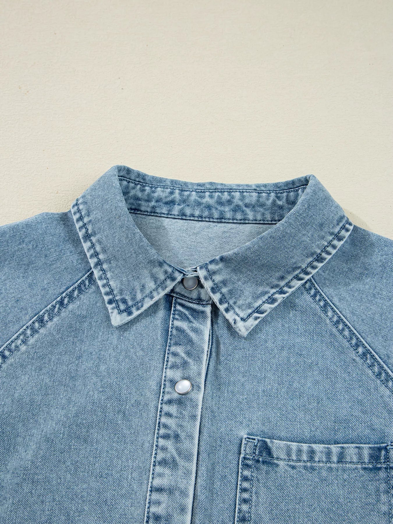Smocked Cuffs Flared Denim Shirt Mini Dress.