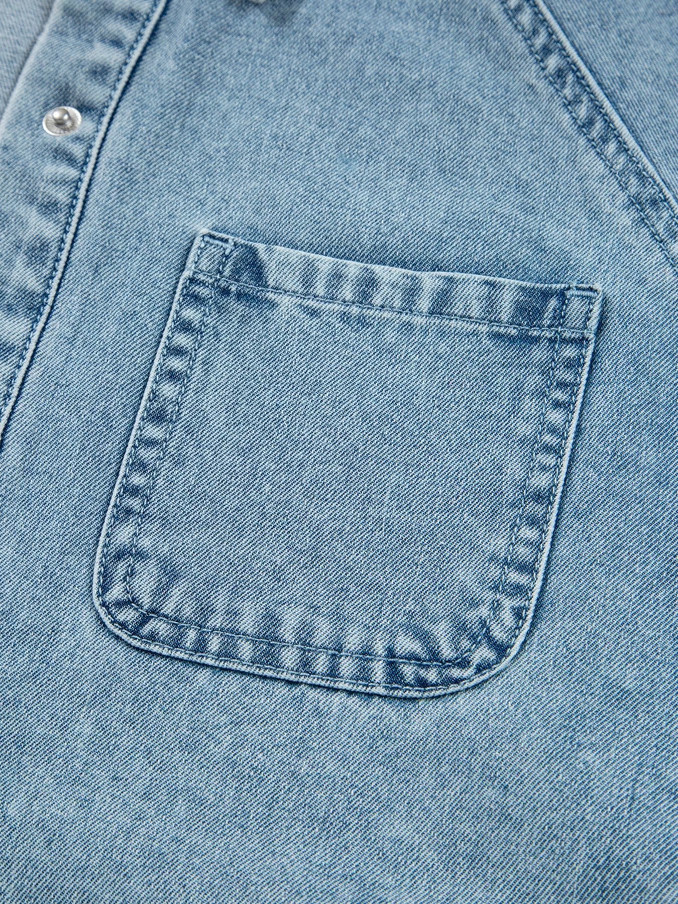 Smocked Cuffs Flared Denim Shirt Mini Dress.