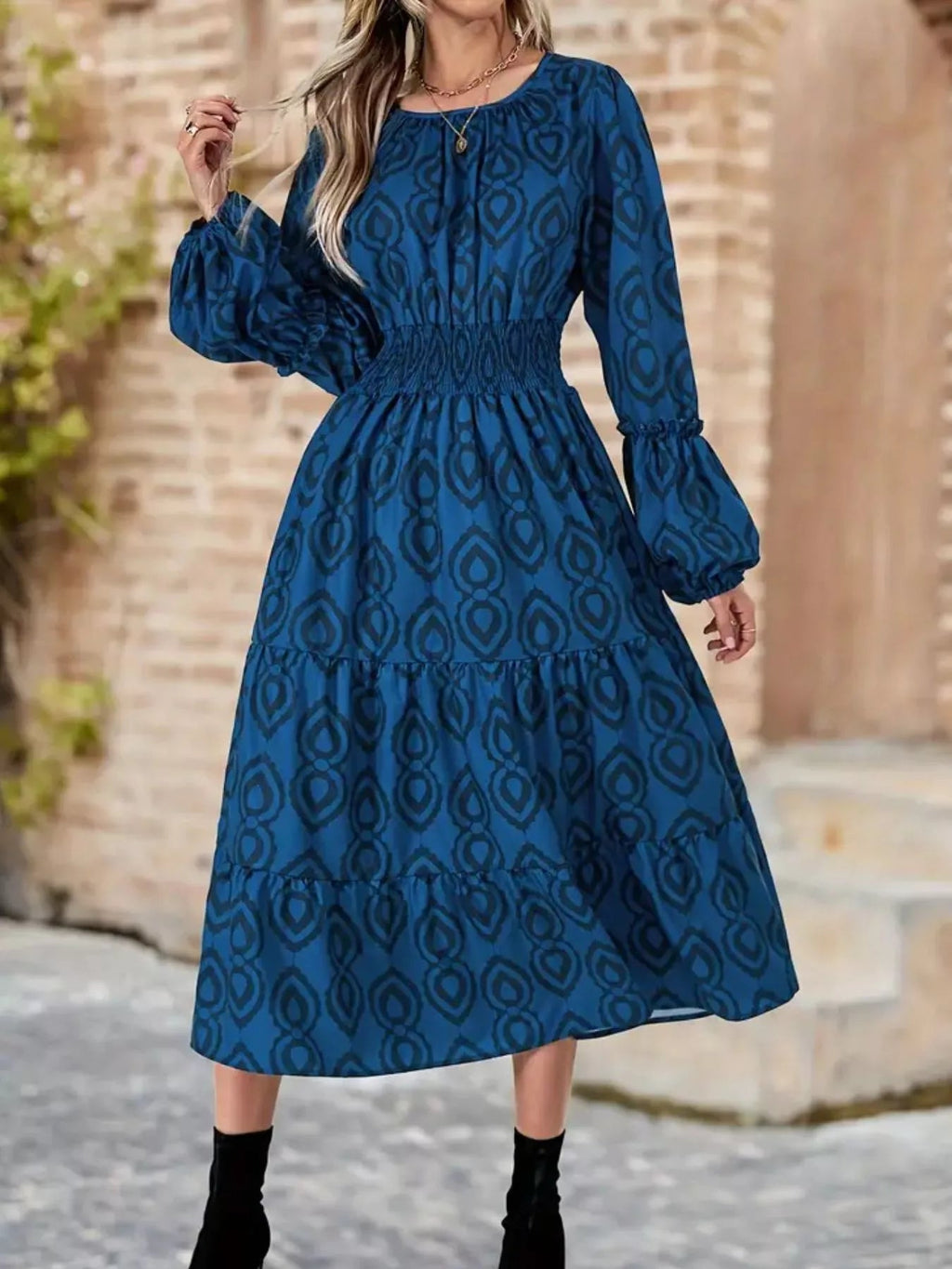 Smocked Round Neck Balloon Sleeve Midi Dress.