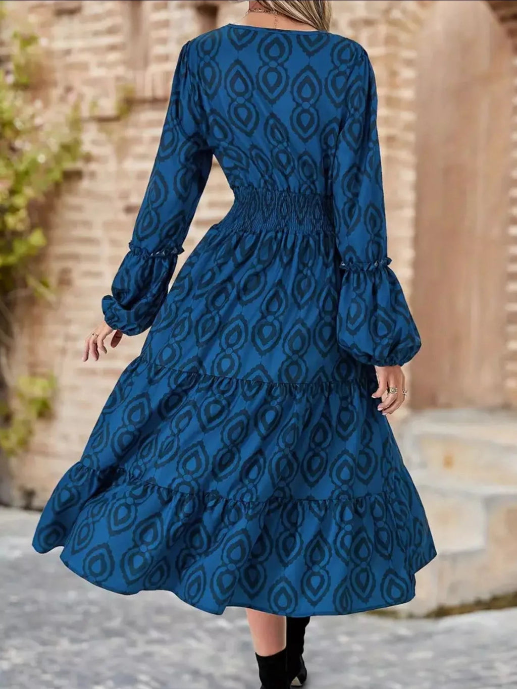 Smocked Round Neck Balloon Sleeve Midi Dress.