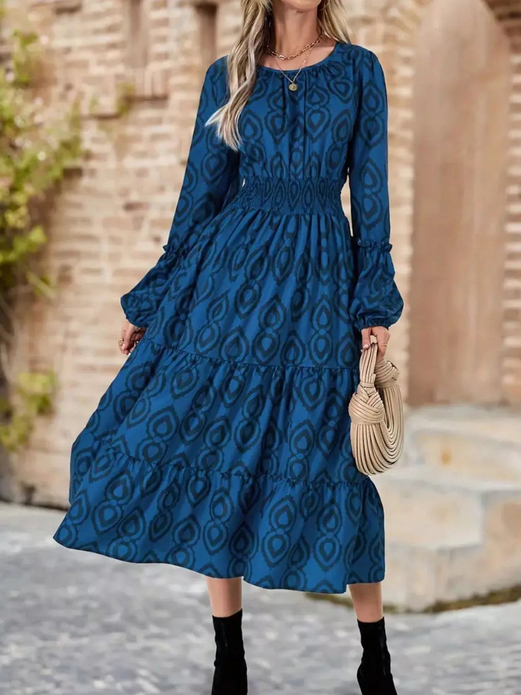 Smocked Round Neck Balloon Sleeve Midi Dress.