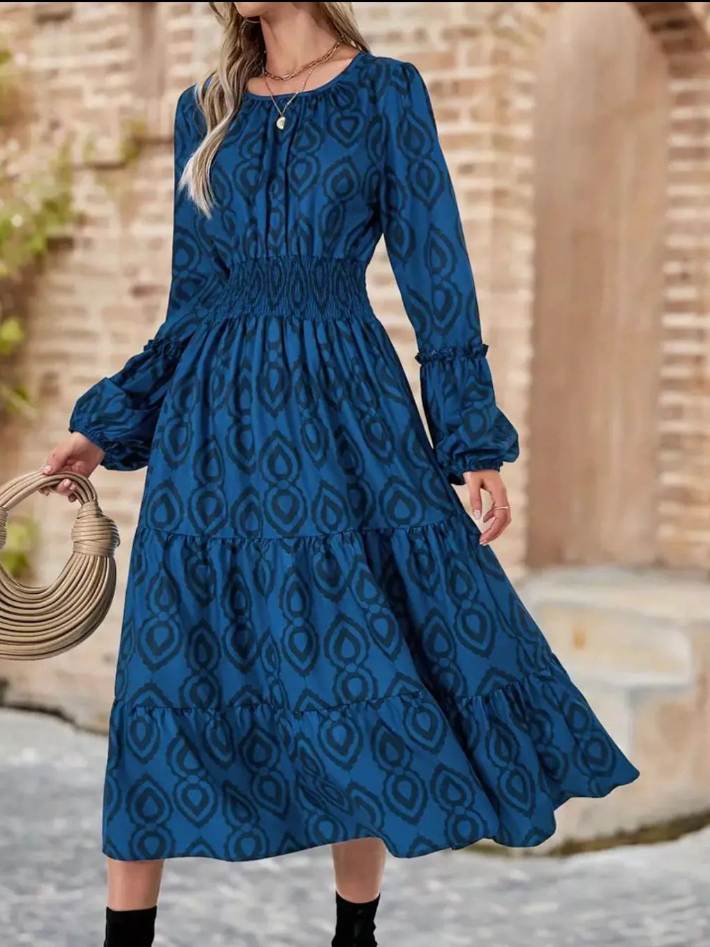 Smocked Round Neck Balloon Sleeve Midi Dress.