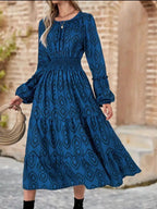Smocked Round Neck Balloon Sleeve Midi Dress.