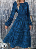 Smocked Round Neck Balloon Sleeve Midi Dress.