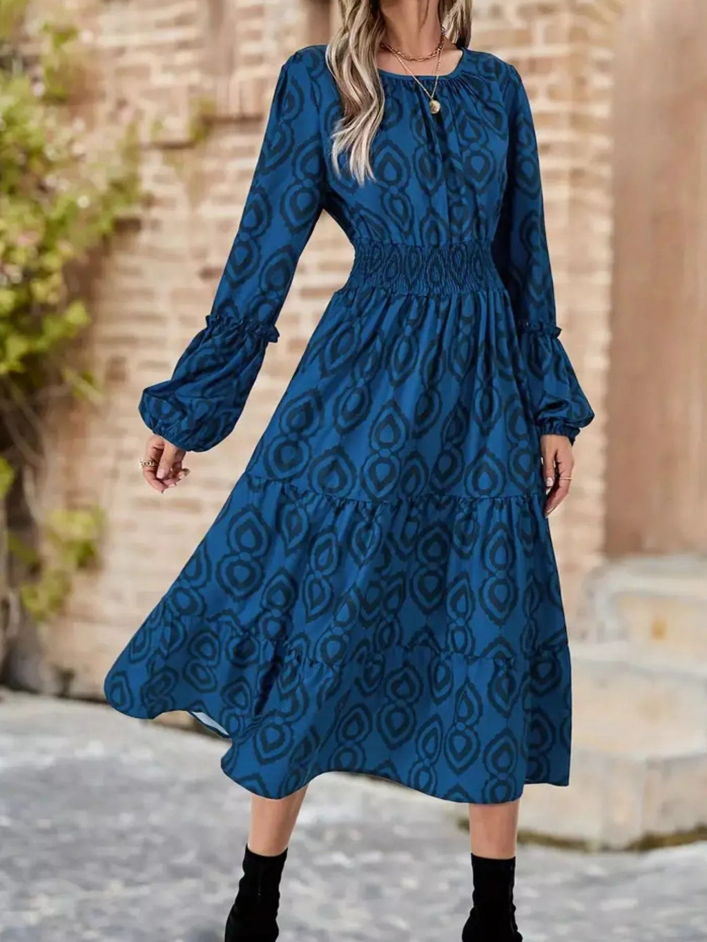 Smocked Round Neck Balloon Sleeve Midi Dress.