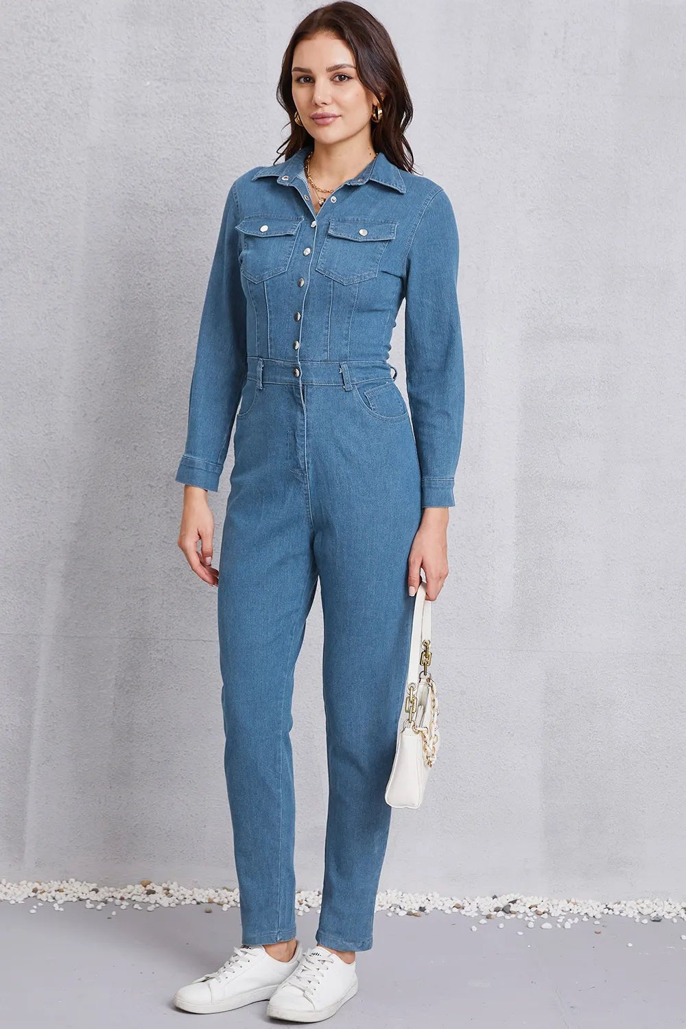 Snap Down Denim Jumpsuit with Pockets.