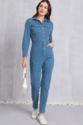 Snap Down Denim Jumpsuit with Pockets.
