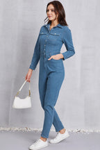 Snap Down Denim Jumpsuit with Pockets.