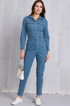 Snap Down Denim Jumpsuit with Pockets.