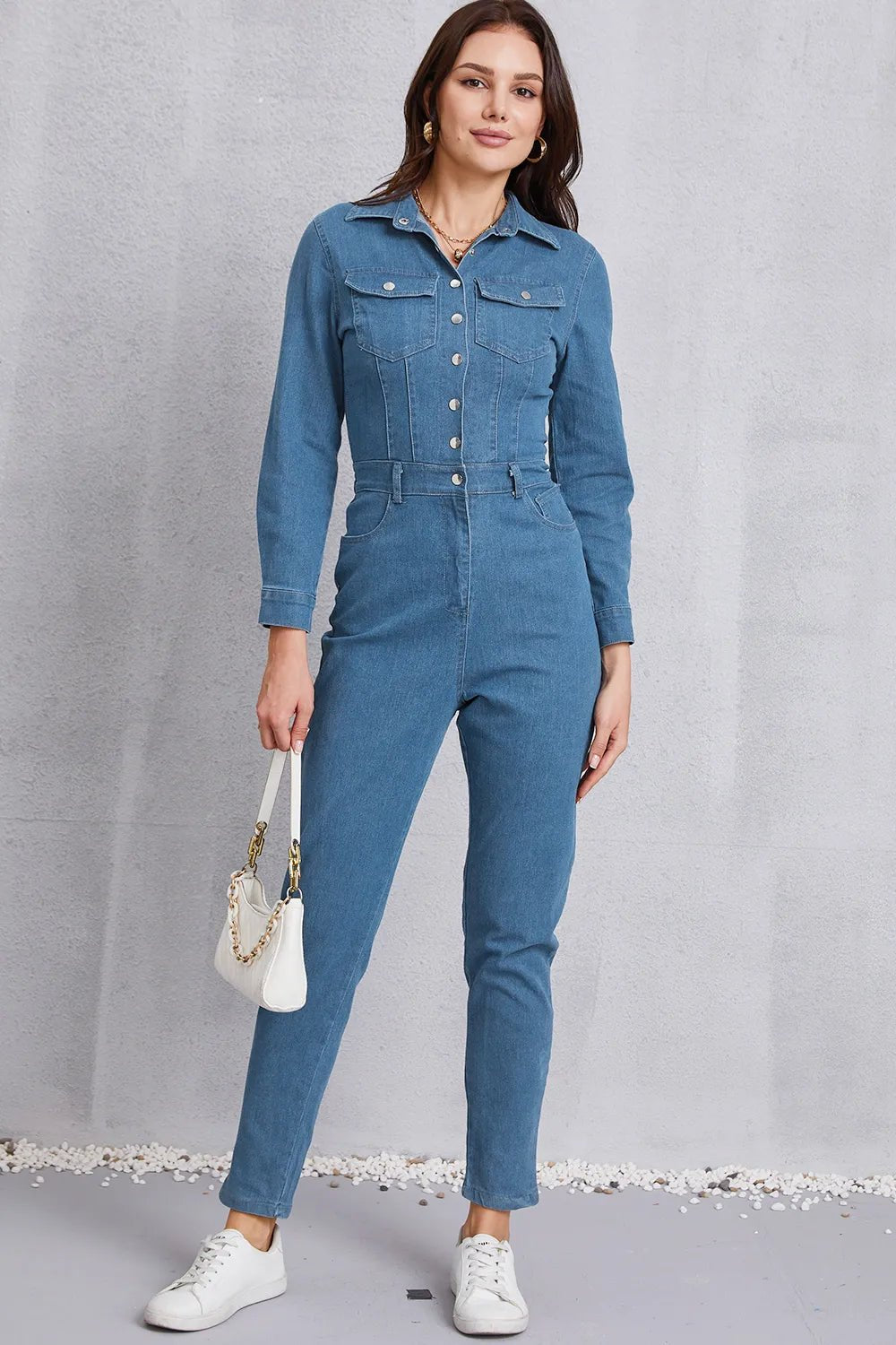Snap Down Denim Jumpsuit with Pockets.
