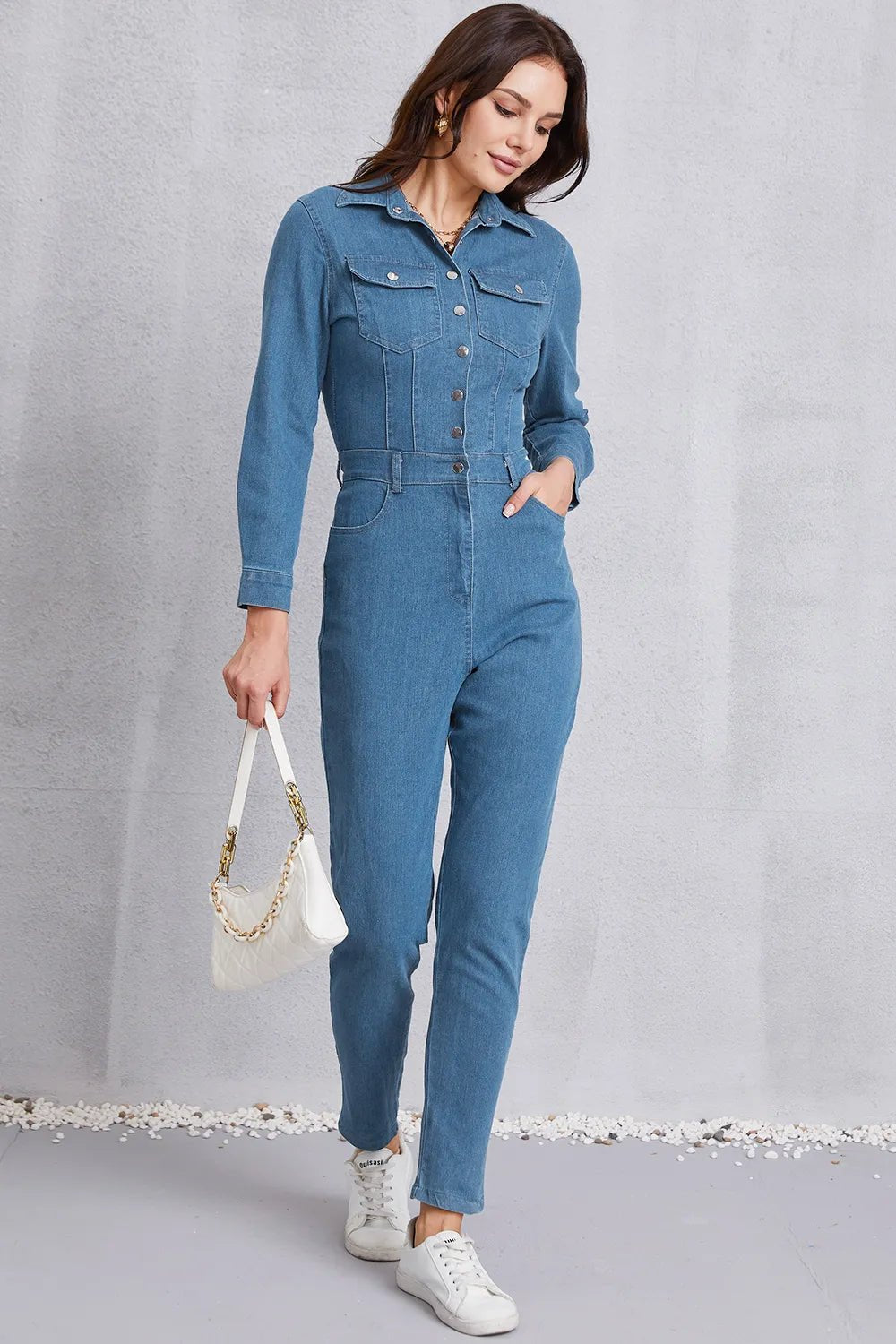 Snap Down Denim Jumpsuit with Pockets.
