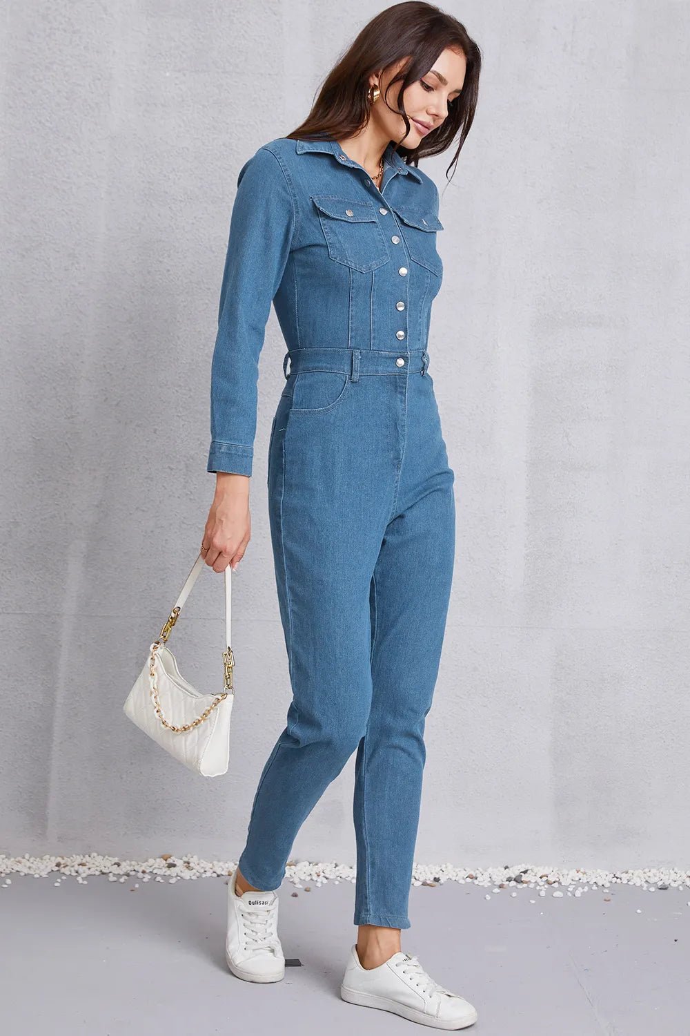 Snap Down Denim Jumpsuit with Pockets.
