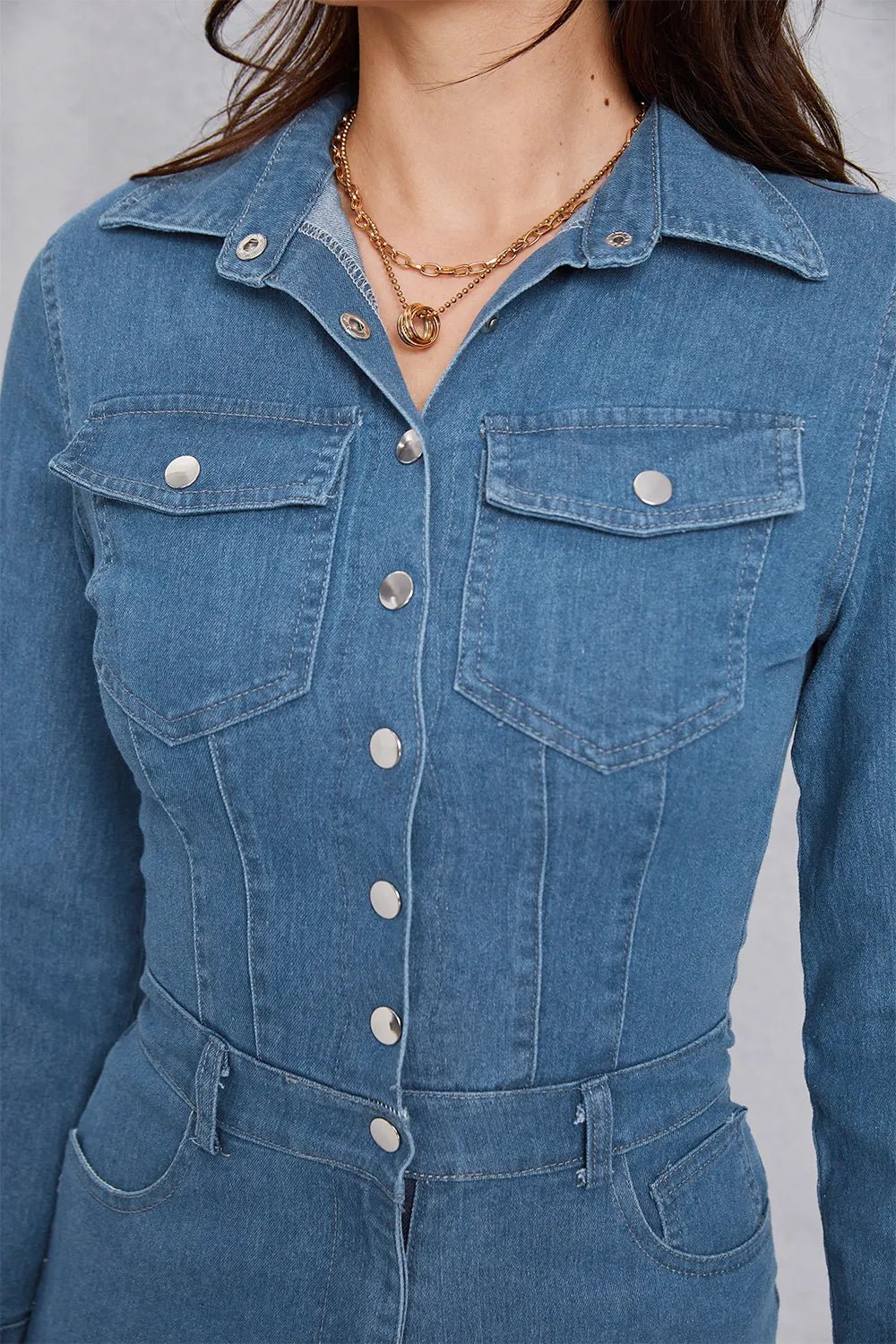 Snap Down Denim Jumpsuit with Pockets.