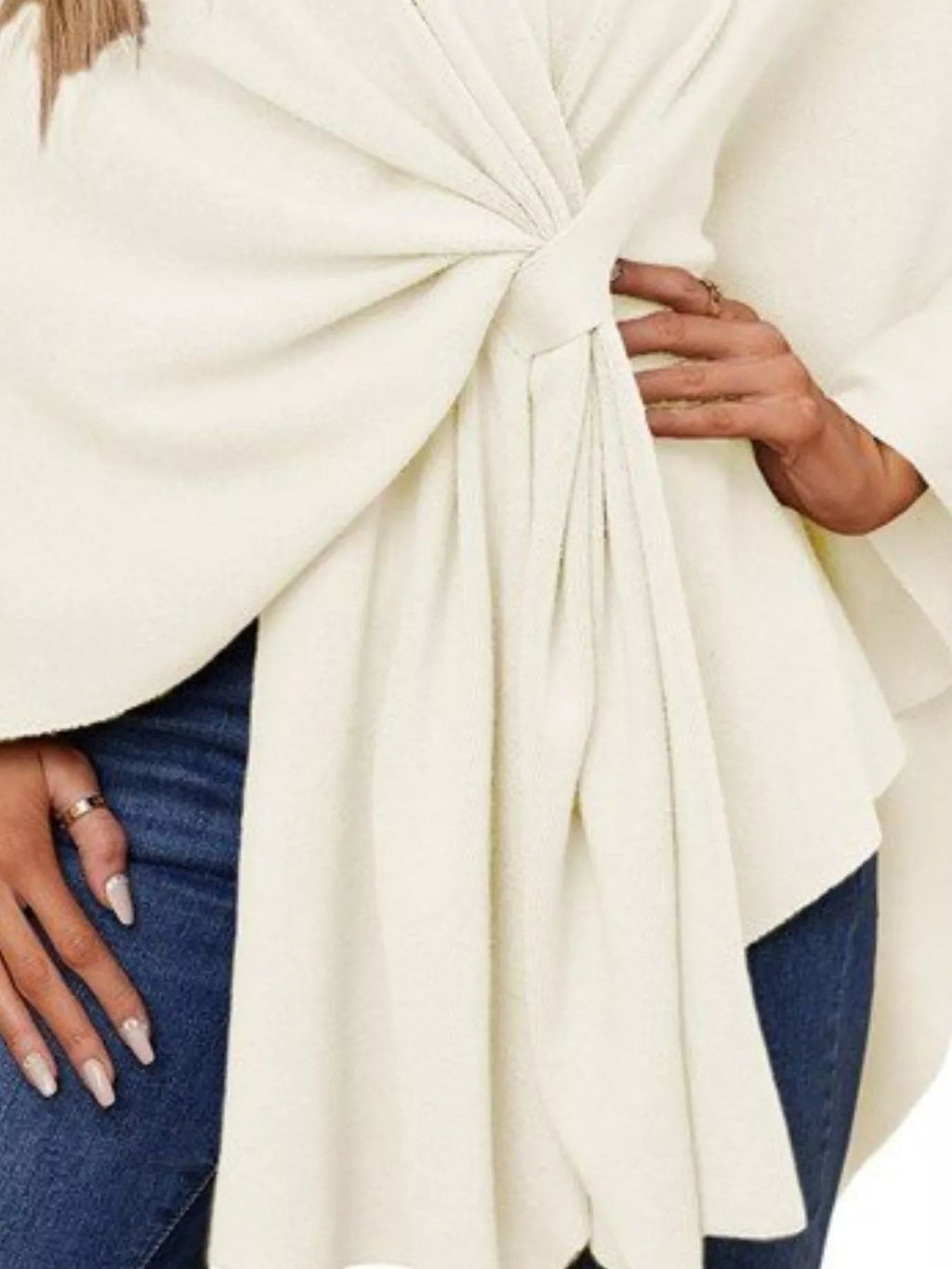 Solid Color Tie-Front Knit Cape Top.