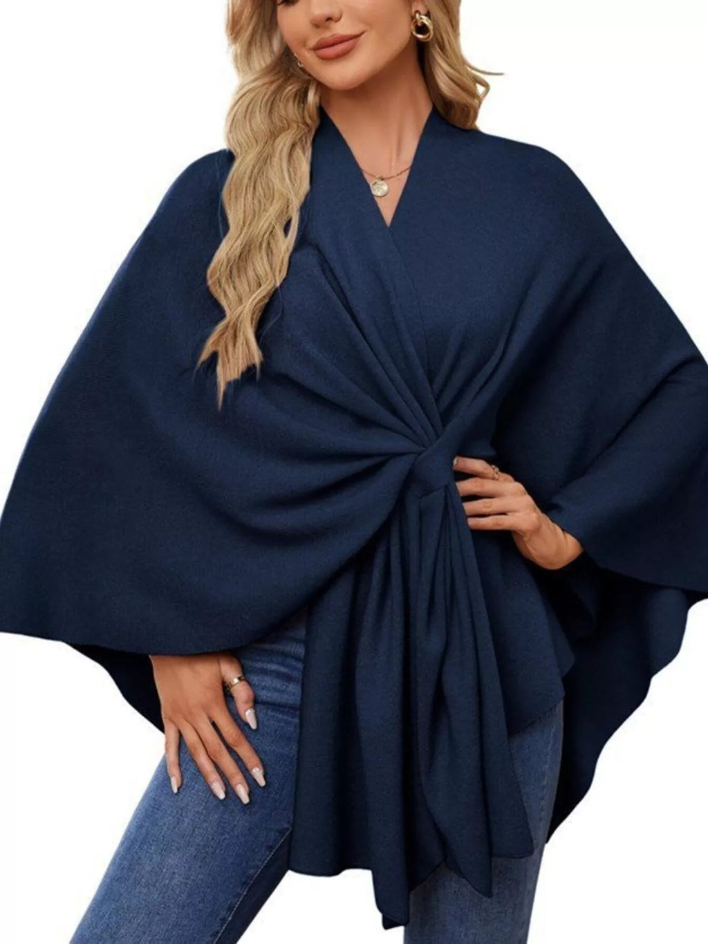 Solid Color Tie - Front Knit Cape Top