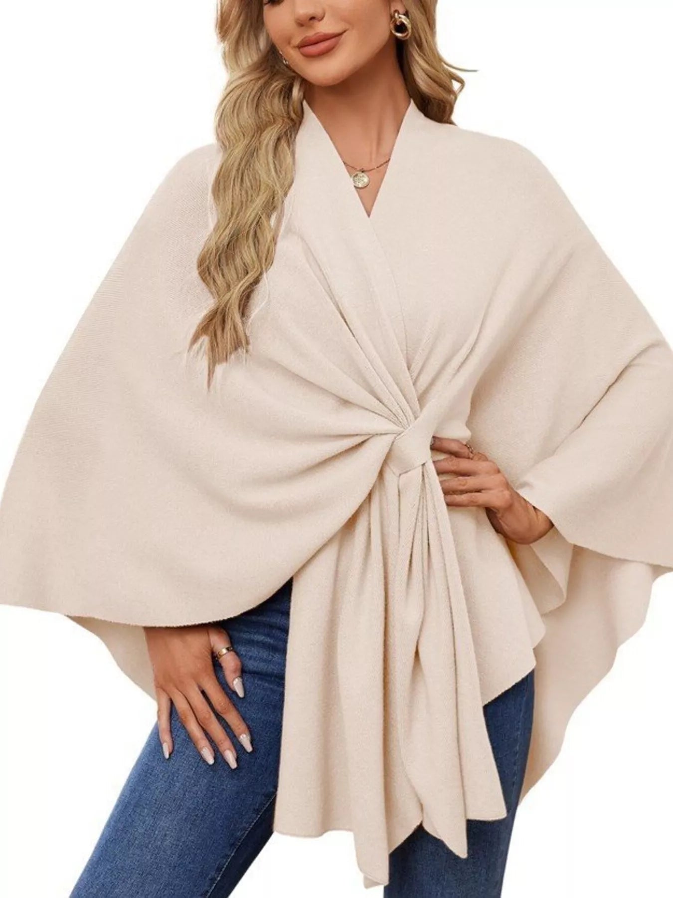 Solid Color Tie-Front Knit Cape Top.