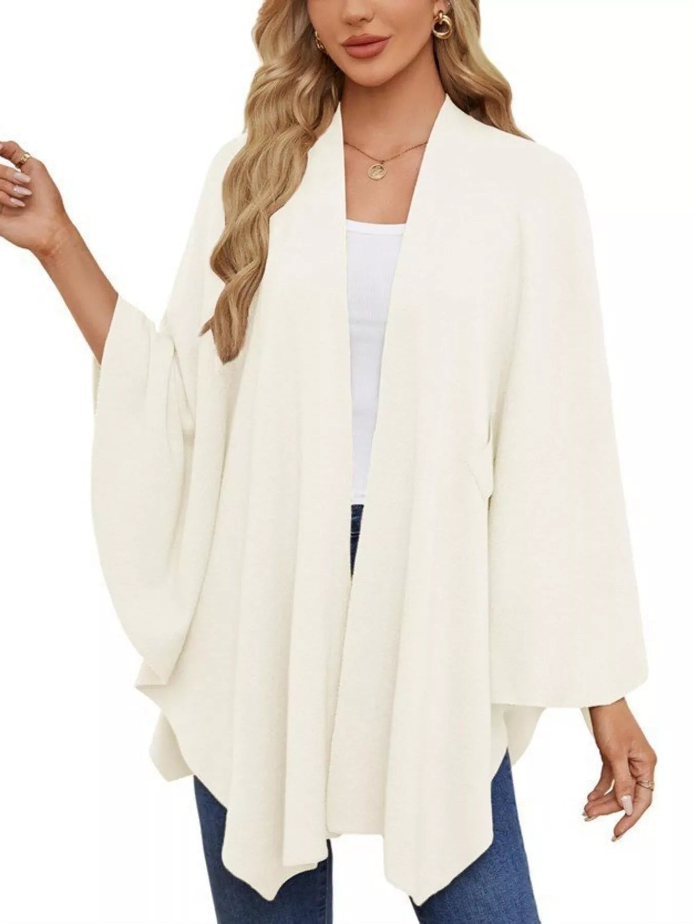 Solid Color Tie-Front Knit Cape Top.