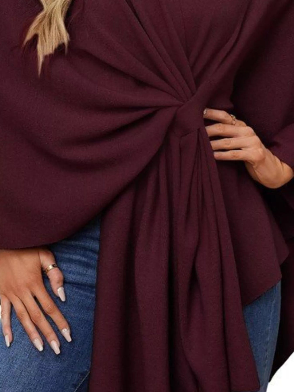 Solid Color Tie-Front Knit Cape Top.