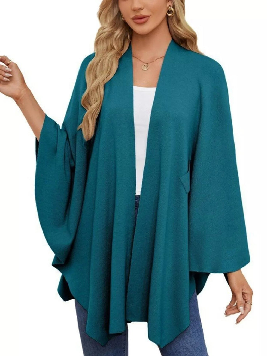 Solid Color Tie-Front Knit Cape Top.