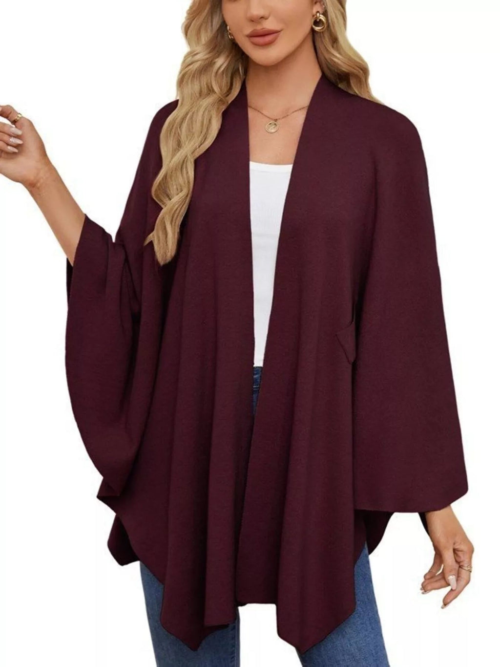 Solid Color Tie-Front Knit Cape Top.